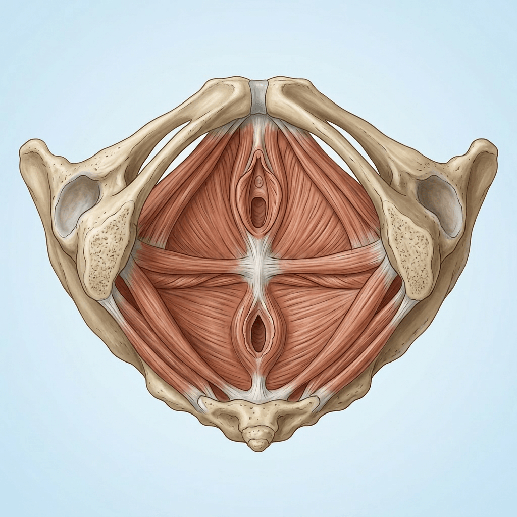 Anatomical view of female pelvic floor muscles and pelvic bones from below