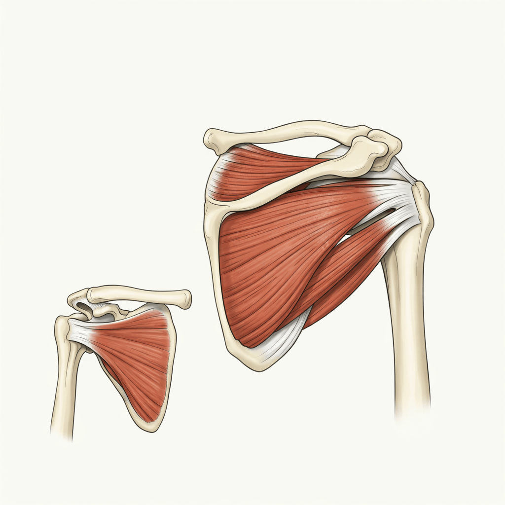 Anatomical illustration of rotator cuff muscles including supraspinatus, infraspinatus, teres minor, and subscapularis with labeled bones