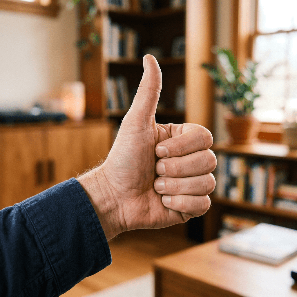 Hand showing thumbs-up gesture indoors with bookshelf and plants in background