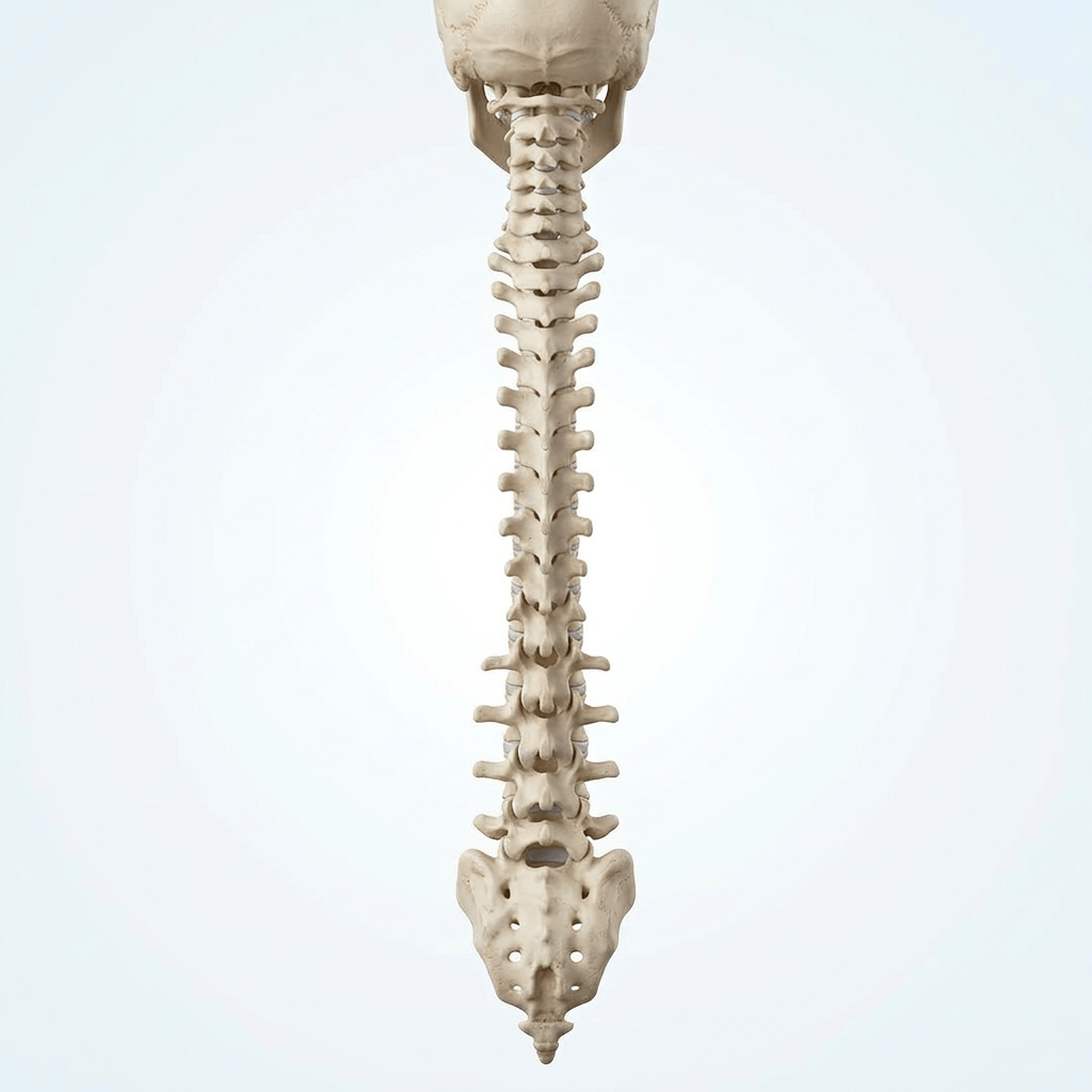 Human spine with labels for cervical, thoracic, lumbar vertebrae, spinous and transverse processes, intervertebral discs, sacrum, and coccyx.