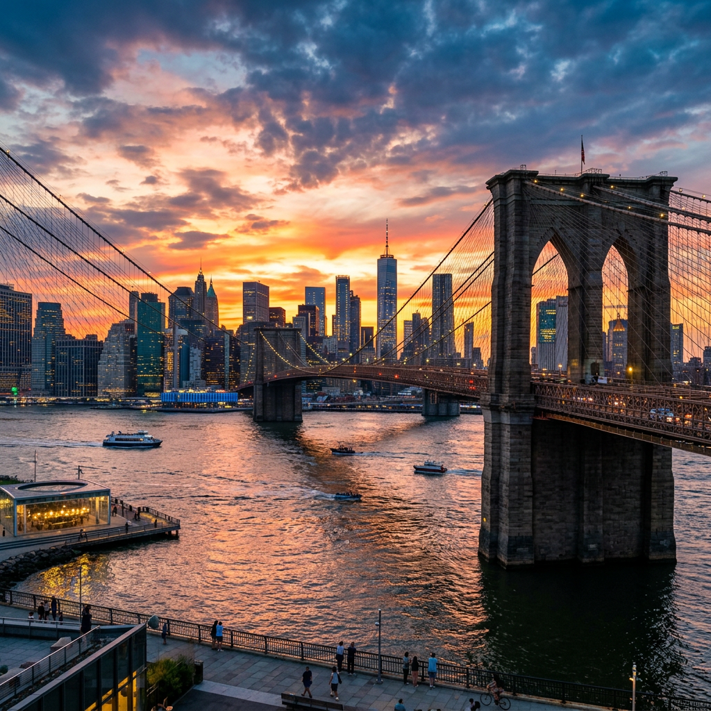Brooklyn Bridge spanning East River with Manhattan skyline at sunset