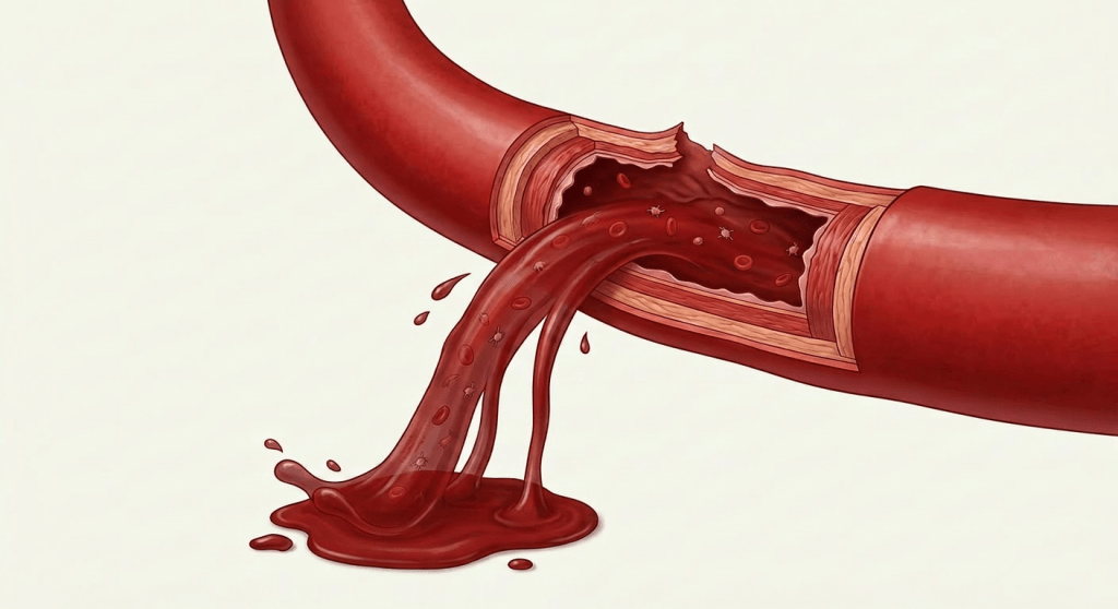 Cross-section of a blood vessel with a rupture in the vessel wall causing flowing blood to spill out, showing damaged endothelium and exposed muscular layer.