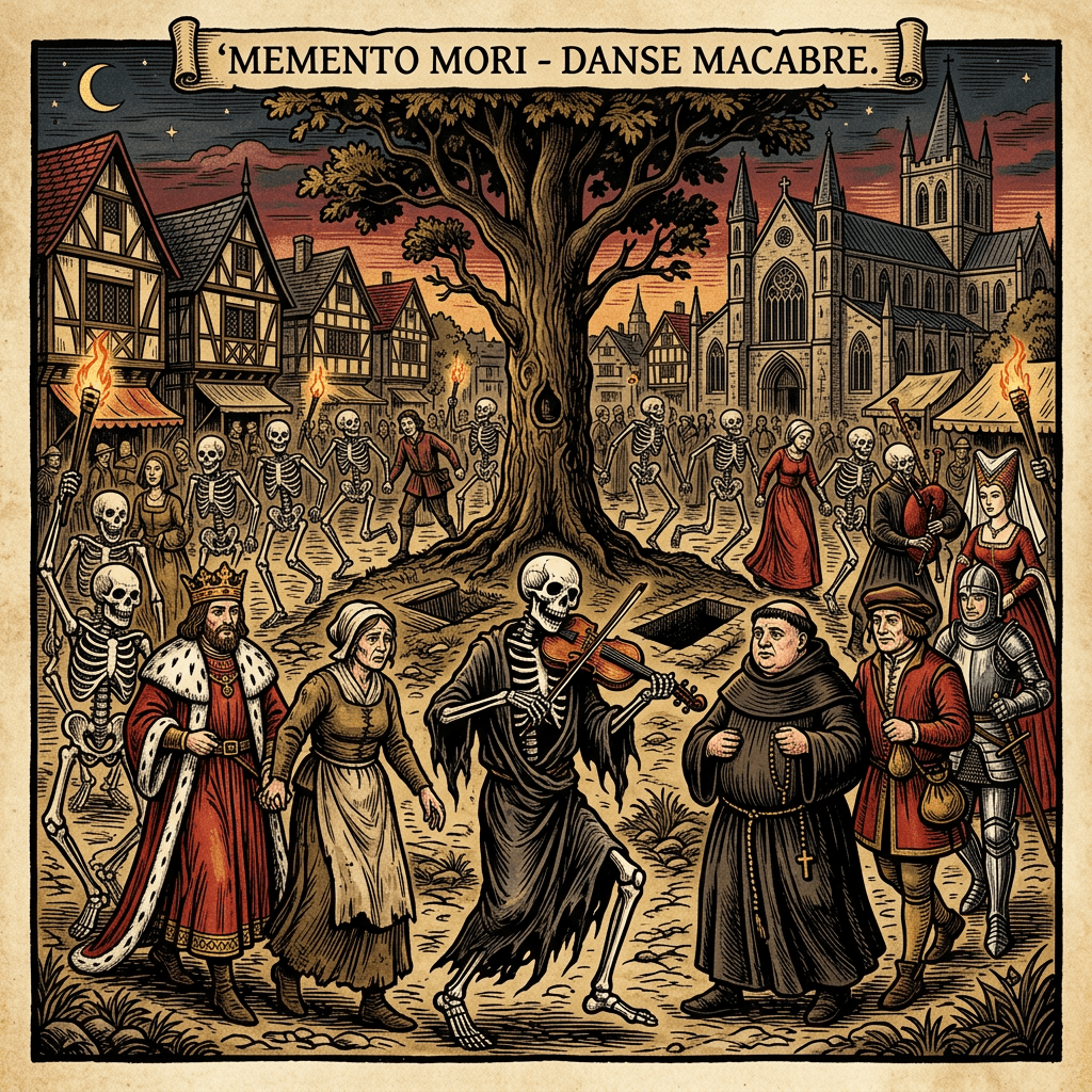 Skeletons dance among medieval townspeople including a king, peasants, clergy, and knights in a village square near a church under a twilight sky