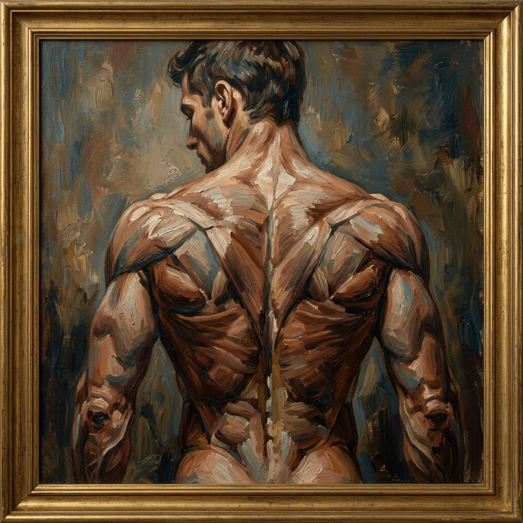 Oil painting of a man's muscular back showing detailed muscles and anatomy