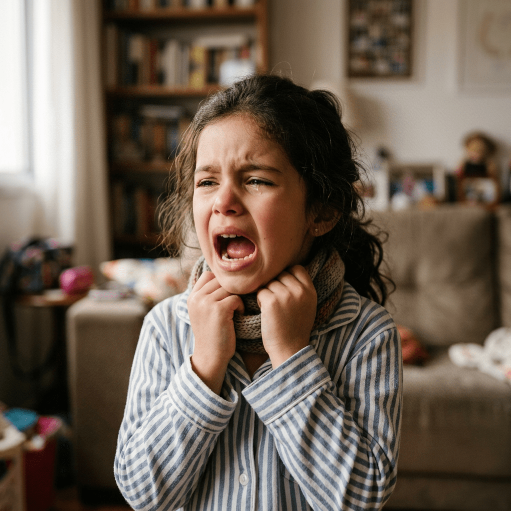 Young girl crying and holding scarf around neck indoors