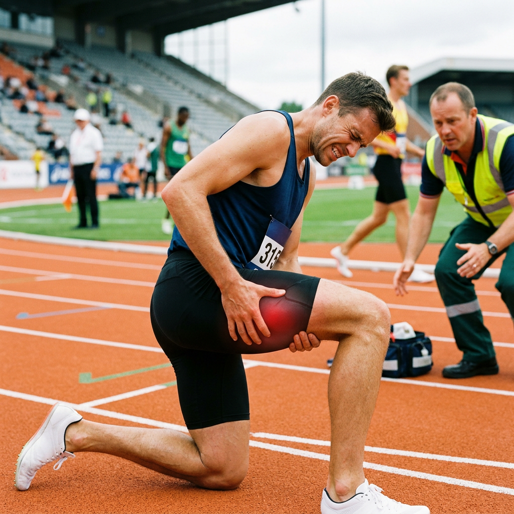 Runner kneeling, holding upper thigh in pain on running track