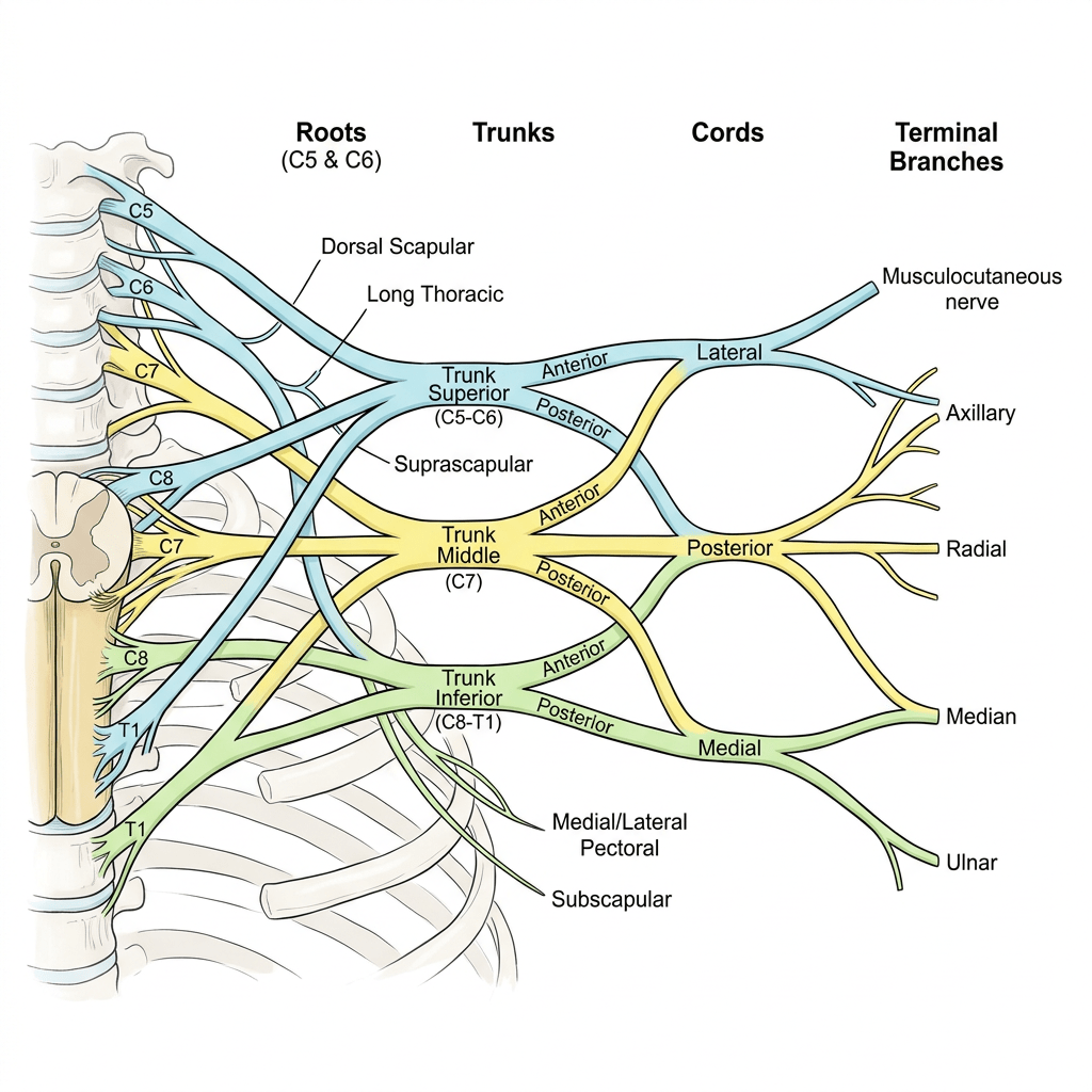 Diagram of brachial plexus showing C5 to T1 roots, trunks (superior, middle, inferior), cords (lateral, posterior, medial), and terminal branches including musculocutaneous, axillary, radial, median, and ulnar nerves.