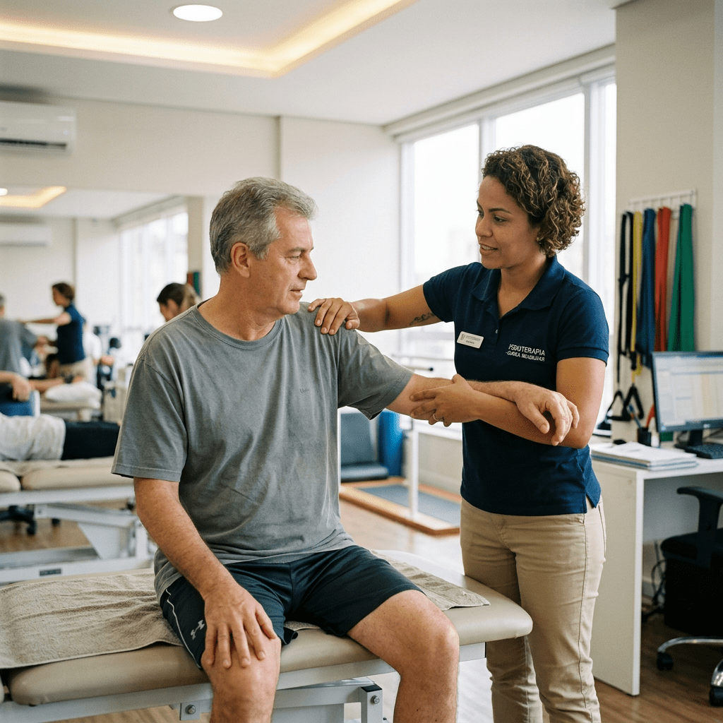 Physical therapist helping man with arm movement during rehabilitation session