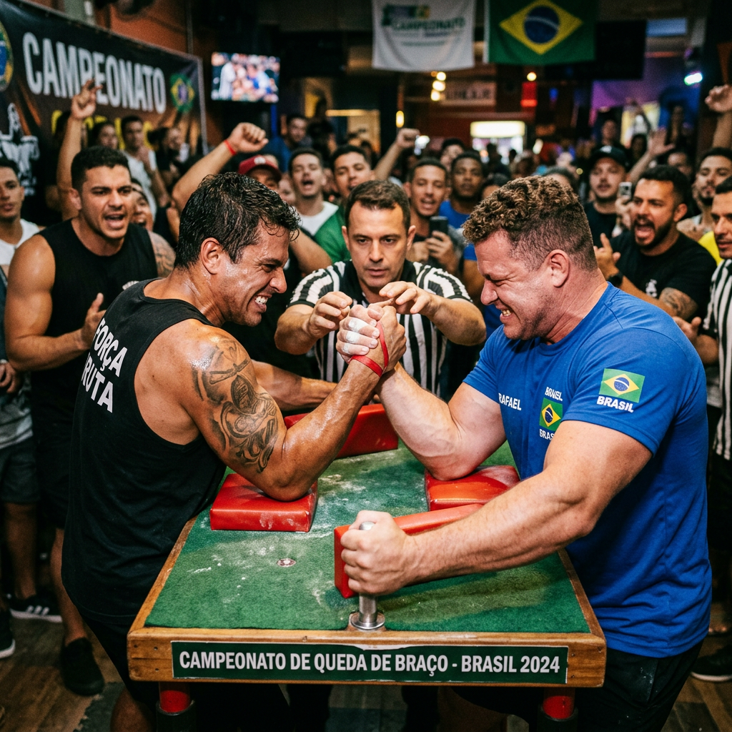 Two men arm wrestling intensely at Campeonato de Queda de Braço Brasil 2024 event