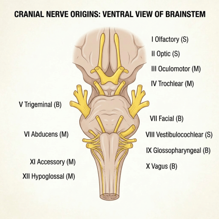 Ventral view of brainstem showing labeled cranial nerve origins I to XII with sensory, motor, and mixed classifications