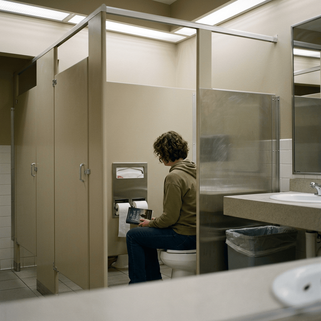 Person seated on a restroom toilet, reading a book