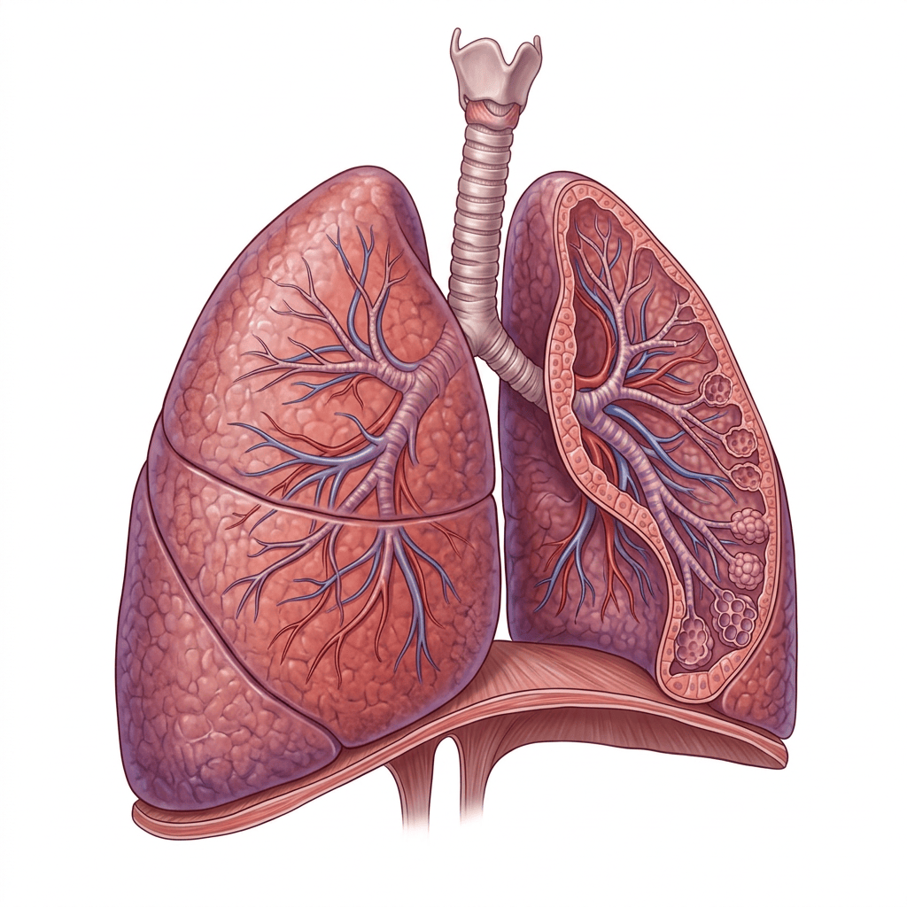 Anatomical illustration of lungs, trachea, bronchi, blood vessels, and alveoli