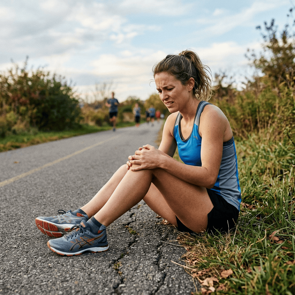 Tired runner sitting beside a rural road and holding her knee