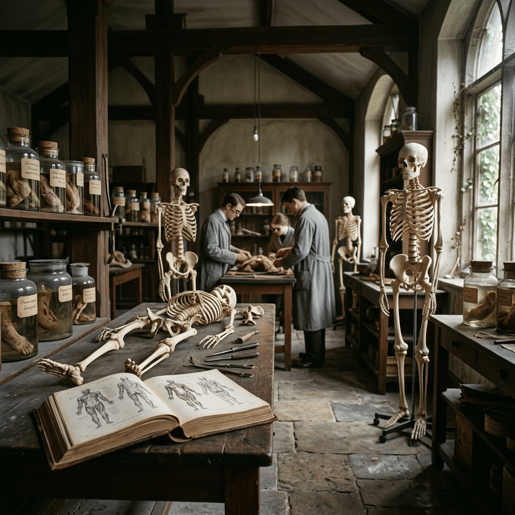 Anatomy students studying skeletons and specimens in a historical laboratory