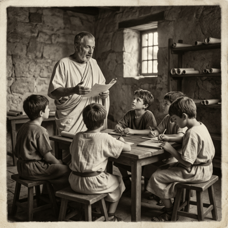 Teacher reading from a manuscript to five children in a stone classroom
