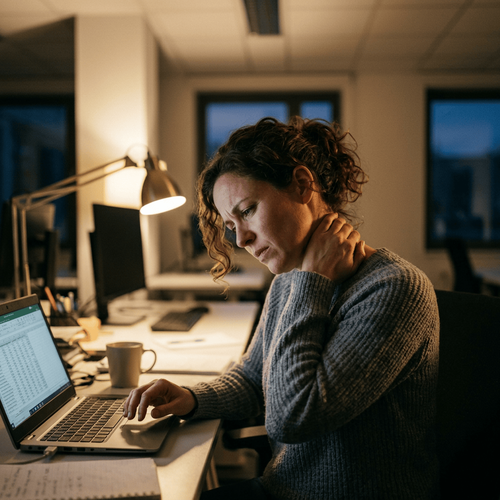 Woman working on laptop while rubbing her neck in an office