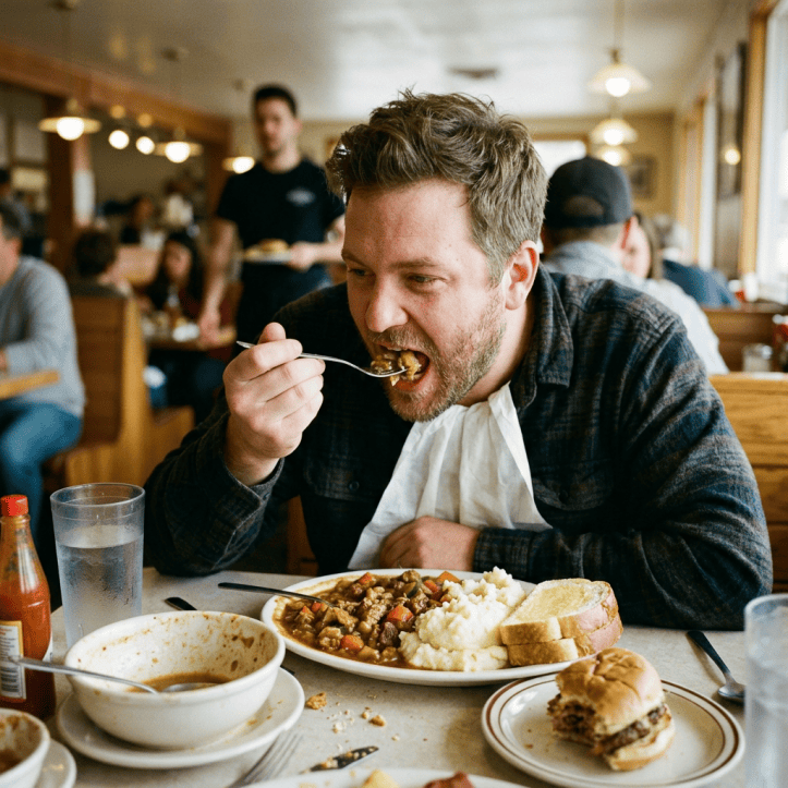 Man eating a hearty diner meal with mashed potatoes and bread