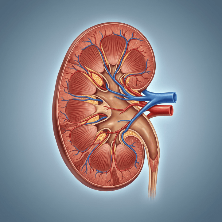 Cross-section of a kidney showing nephrons, blood vessels, renal pelvis, and ureter