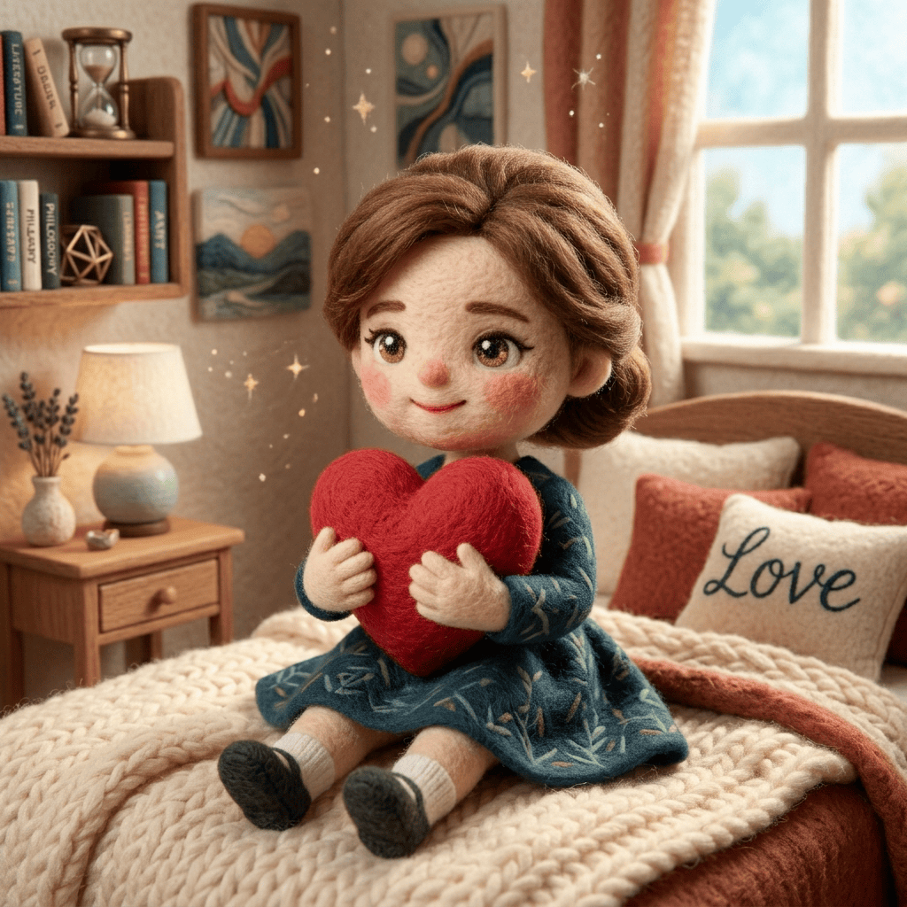 Handmade doll in blue dress hugging a red heart on a bed