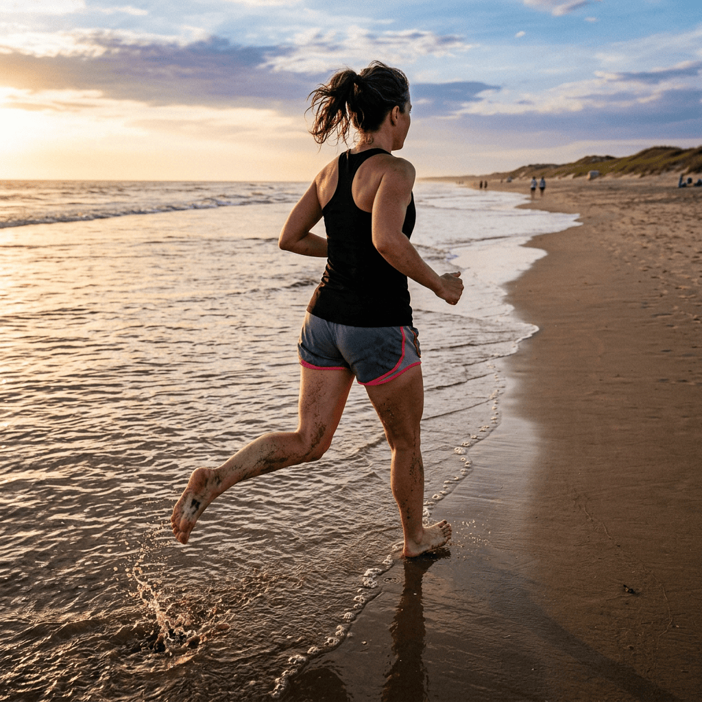 Runner jogging along the shoreline at sunset