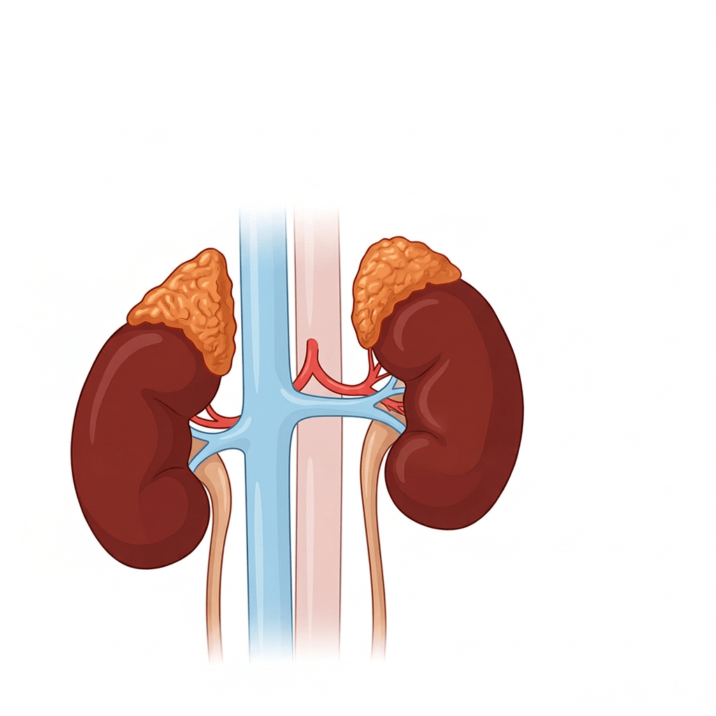 Diagrama em português dos rins, glândulas adrenais, vasos renais, ureteres e corte da adrenal com córtex e medula.